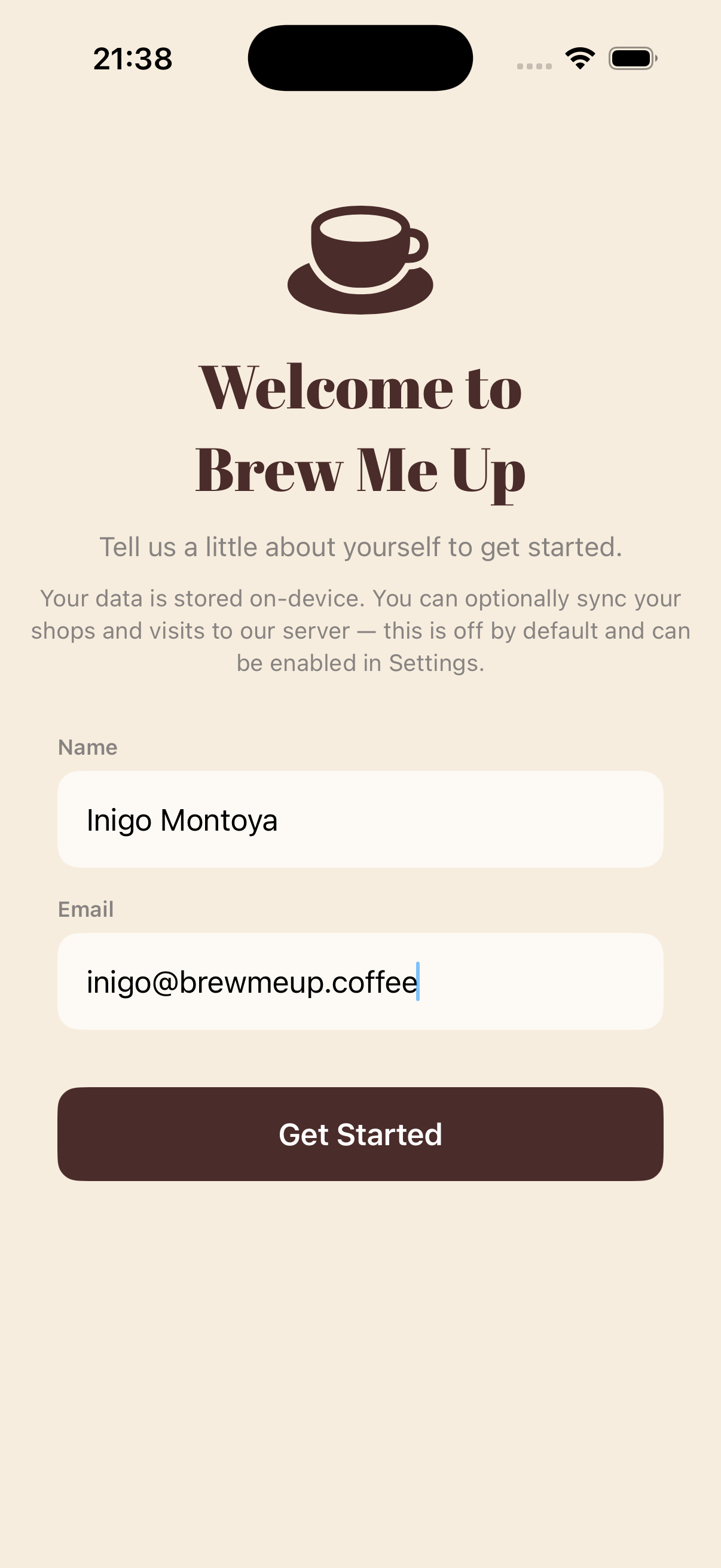 Brew Me Up welcome screen on iPhone